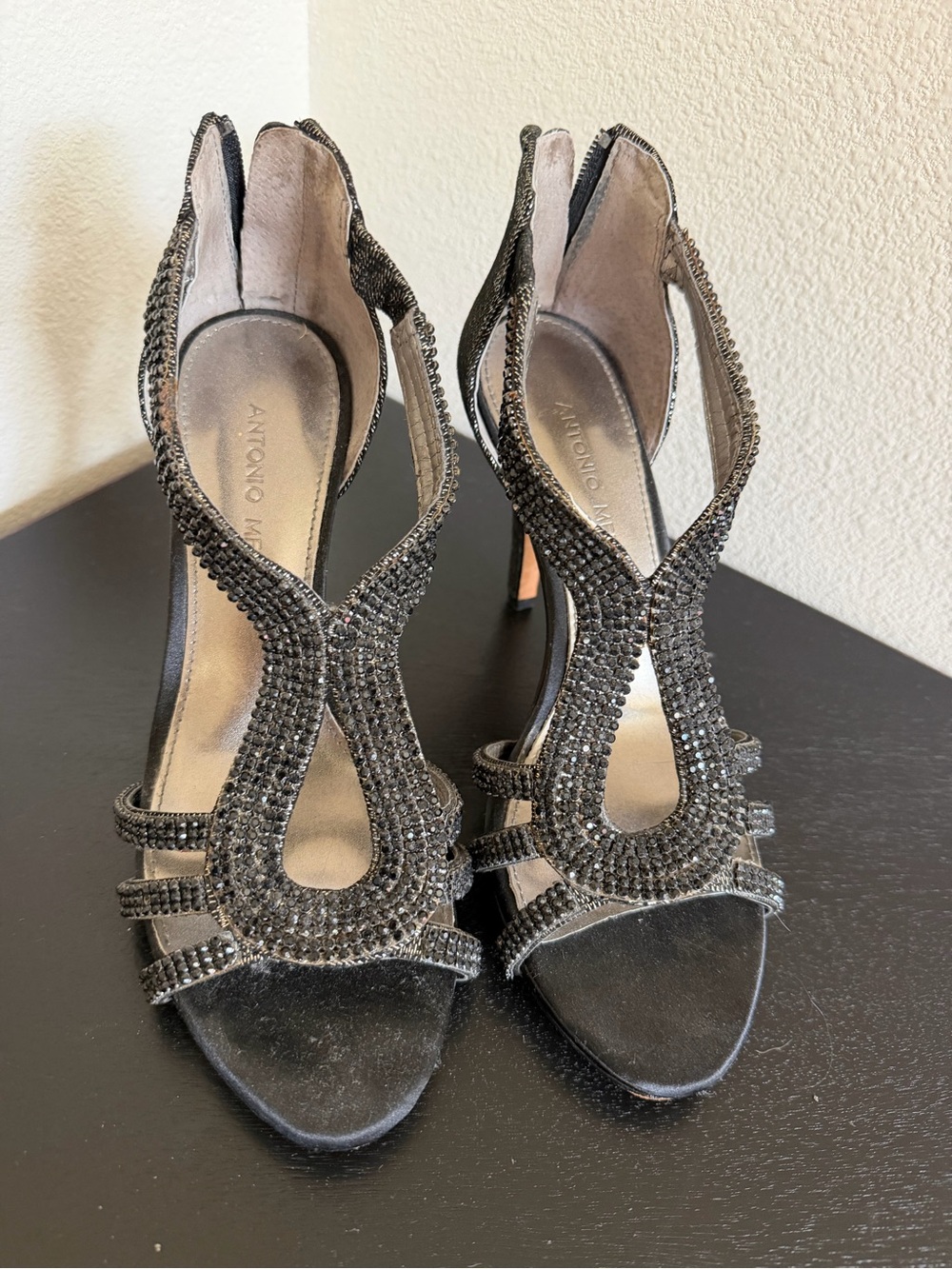 ANTONIO MELANI Black Crystal T Strap Evening Heels Stiletto Sparkle Grey